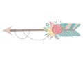 Vector image of an isolated arrow in boho style with flowers, feathers and beads.