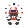 4 july cartoon cute black cat in hat sitting with stars Royalty Free Stock Photo