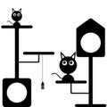 Vector image of a kitten and a cat near the cat houses. Flat black and white pattern Royalty Free Stock Photo