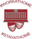 Vector image of a laptop and home slippers, with the words work at home and stay at home