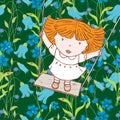 Vector image of little girl riding a swing on blossoming meadow
