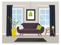 Vector image of a living room with furniture. Sofa with pillows on the background of the windows. Outdoor flower, coffee table, bo