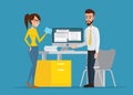 Vector image of the man and woman at their working place. Royalty Free Stock Photo