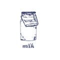 Vector image of milk bottle or milky can. Sketch agricultural illustration in the style of engraving for milk farm