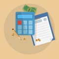 Vector image with money, pocket calculator and note paper