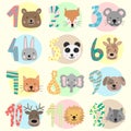 Vector image of 12 months for a baby with animals. A collection of children`s stickers with numbers and bear, fox, mouse, rabbit, Royalty Free Stock Photo