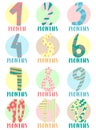 Vector image of 12 months for children. A collection of multicolored circle-shaped stickers with hand-drawn numbers. Baby month fo