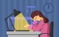 A vector image of a mother working lately at the computer while the baby is sleeping. A part-time job vector.