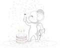 Vector image of a mouse celebrating a birthday with a big cake and a cracker Royalty Free Stock Photo