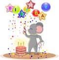 Vector image of a mouse celebrating a birthday with a big cake and a cracker Royalty Free Stock Photo