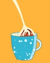 hot chocolate bomb with milk stream on a orange background and with a mug of milk