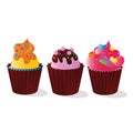 Vector image of a multicolored, colorful muffins decorated with candy for decoration, cream and chocolate on white
