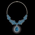 vector image of a necklace with precious stones in blue on a black Royalty Free Stock Photo