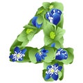 Vector image of the number 4 in the form of flowers and leaves of liverwort