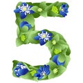 Vector image of the number 5 in the form of flowers and leaves of liverwort