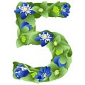 vector image of the number 5 in the form of flowers and leaves of liverwort