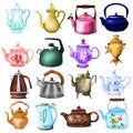 Bright colored kettles and teapots