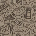 Vector image of painted food on a brown background. Graphic vintage seamless pattern.