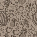 Vector image of painted fruits on a brown background. Graphic vintage seamless pattern.