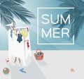 Vector image. Palm tree by the sea. The girl is dressing a swimsuit. Beach sunset scene. Summer background. Royalty Free Stock Photo