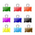 Vector image of the paper binder clips of the different colors isolated on the white background: red, green, black, blue, pink, re