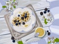 Vector image in pastel colors. The view from the top. Belgian waffles with blueberries and blackberries. Royalty Free Stock Photo