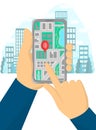Vector image of a phone with a city map. Smartphone in the hands. Illustration of navigation and gps on screen. Town on the Royalty Free Stock Photo