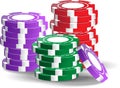 Vector image of the pocker casino chips of the different colors  red, violet, green  isolated on the white background. Royalty Free Stock Photo