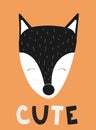 Vector image of the poster with fox and the inscription cute on orange background. Hand-drawn children black and white scandinavia