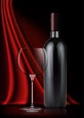 Vector image of a realistic bottle of red wine and a glass goblet in photorealistic style on a background of red dark