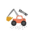 vector image of red excavator and vroom text