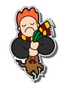 Vector image of a red-haired displeased boy with a screaming mandrake, a young wizard. Image for sticker, badge, stripe, poster, Royalty Free Stock Photo