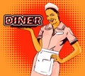 Vector image retro diner waitress halftone dots background Royalty Free Stock Photo