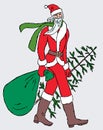 Vector image of Santa Claus walking with christmas tree and gifts bag Royalty Free Stock Photo