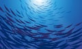 Vector image of the school of fish in the blue ocean (in the underwater) and the reflections of the sun. Print Royalty Free Stock Photo