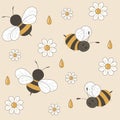 Vector image seamless cartoon pattern with wasps and bees, flowers camomiles and drops of honey. Royalty Free Stock Photo