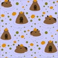 Seamless pattern with capybaras in tangerines