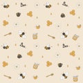 Vector image seamless pattern with funny flying bees, daisies and drops of honey, honey spoon, jars and mugs with honey. Royalty Free Stock Photo