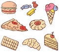 Vector image of a set of different drawn fast food