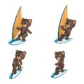 Vector image of a set of four knitted bears in various positions on a surfboard with and without a sail