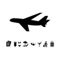 Set of black flat travel and vacation vector icons. Palm tree, sailing ship, camera, bikini swimsuit, plane, sunglasses Royalty Free Stock Photo