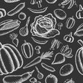 Vector image of a set of vegetables drawn with chalk on a dark background. Seamless pattern.