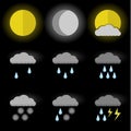 Vector image of set of weather icons, sun, moon and sun behind the clouds. Flat. Black background Royalty Free Stock Photo