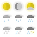 Vector image of set of weather icons, sun, moon and sun behind the clouds. Flat. White background Royalty Free Stock Photo