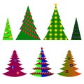 vector image seven Christmas trees with beautiful balls and decorations on a white background