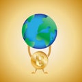 Vector image of a shiny coin bitcoin with hands and feet that holds the planet Earth in its hands on a yellow radial