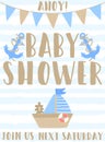 Vector image of a ship, anchor and flags with the inscription Baby Shower and Ahoy on a striped blue background. Illustration on t Royalty Free Stock Photo