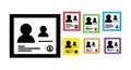 Identification card icon set with silhouette profiles and information details in colorful frames vector illustration Royalty Free Stock Photo