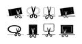 Scissors Cutting Various Ticket and Label Shapes Vector Icons Set in Black Outline Style Royalty Free Stock Photo