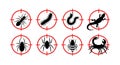 Pest control vector illustration with ants spiders centipedes lizards and crabs targeted in red crosshairs for extermination Royalty Free Stock Photo